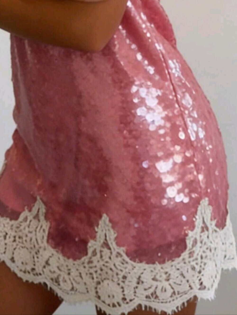Women's Sequin Lace Trim Slip Dress, Spaghetti Strap V-Neck Mini Dress, Summer F - Picture 8 of 8